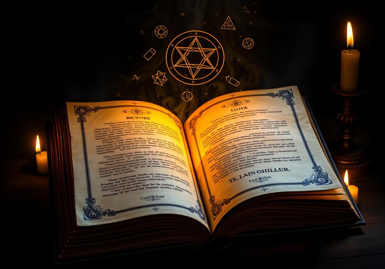 Grimório aberto sob luz de velas
